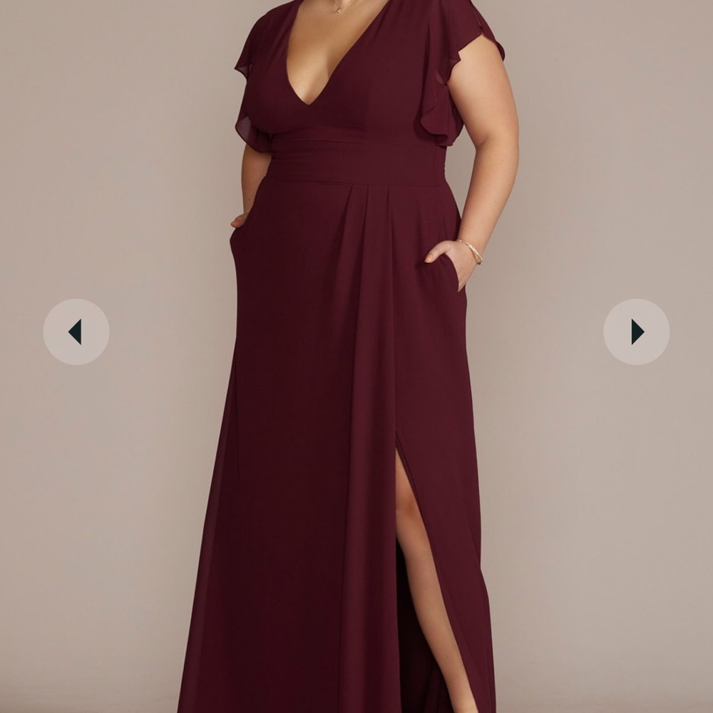 David’s Bridal Bridesmaid “flutter sleeve chiffon v-neck dress”